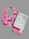 Handmade Baby Bib and Burp Cloth Set/Conjunto de Babero y Paño / Pink Puddle